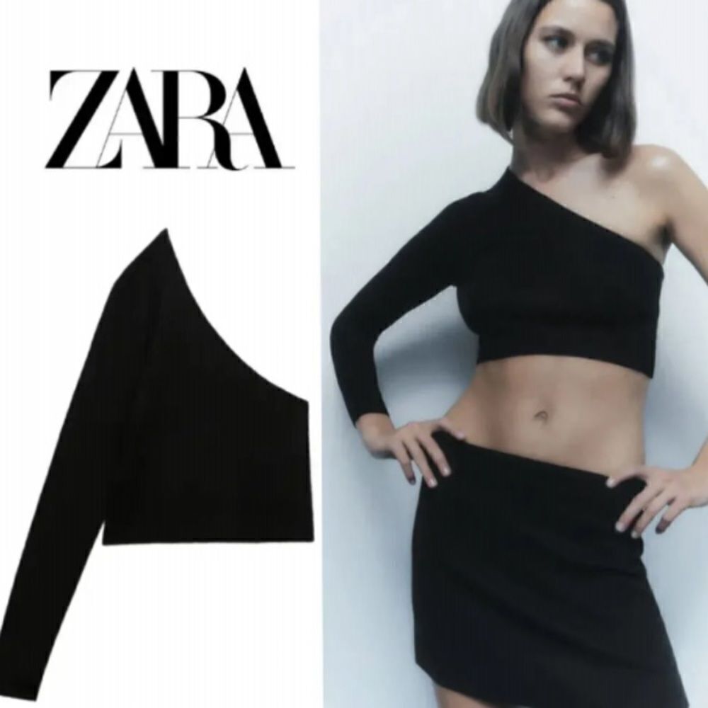 Zara Black Asymmetrical Knit Crop Top Size L